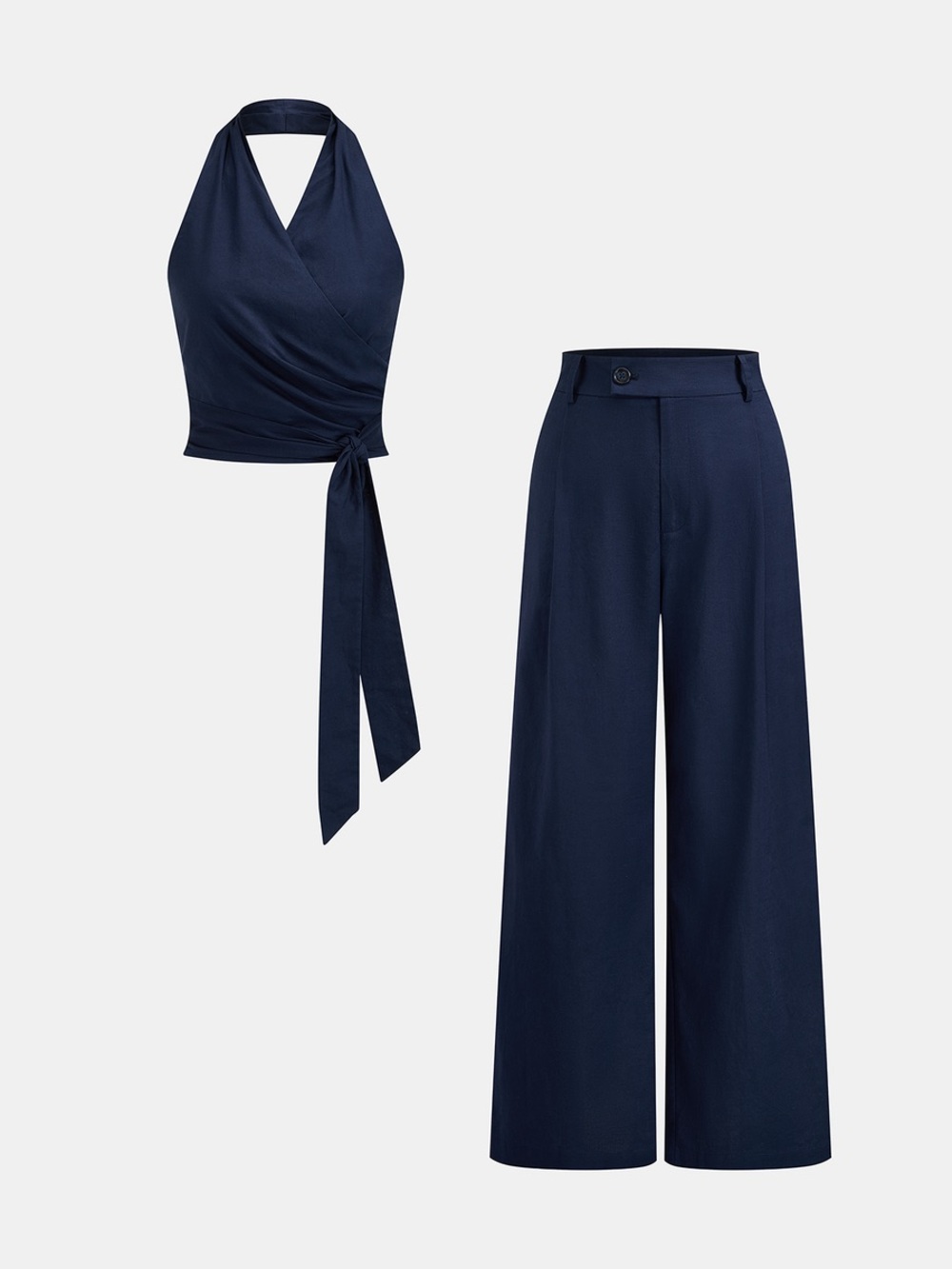Commense Navy Wide-Leg Linen-Blend Trousers - Picture 2 of 8